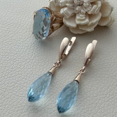 Комплект сережки та каблучка золото з натуральним блакитним топазом в оранці бріолет та овал