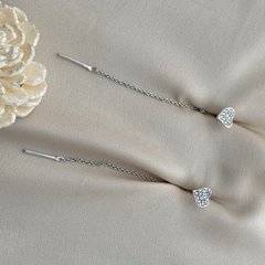 Сережки протяжки зі срібла з підвісками сердечками та білими цирконами