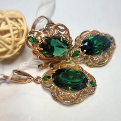 Комплект сережки та каблучка золото з натуральним зеленим кварцем та білими фіанітами