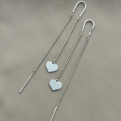 Сережки протяжки срібні з підвіскою сердечком на ланцюжку