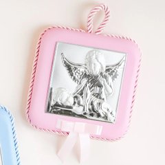 Посріблена ікона Янгол Охоронець з Немовлям рожева для дівчинки