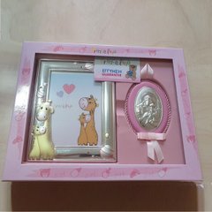 Набір дитячий посріблена ікона Богоматері і рамка рожева для дівчинки