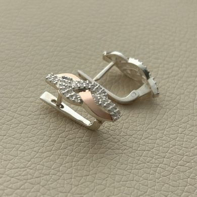 Серебряные серьги с золотыми накладками косичка с белыми фианитами
