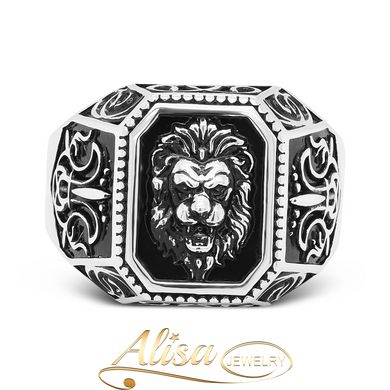 Перстень серебряный мужской со львом и узором массивный широкий