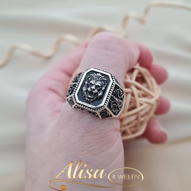 Перстень серебряный мужской со львом и узором массивный широкий