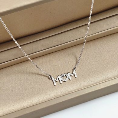 Колье серебро для мамы цепочка с подвеской Mom и фианитами