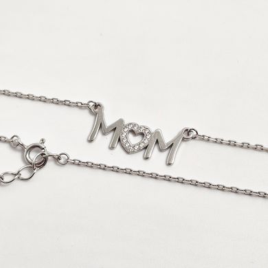 Колье серебро для мамы цепочка с подвеской Mom и фианитами
