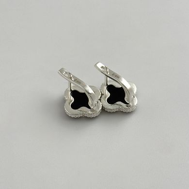 Серебряные серьги четырехлистный клевер с черным ониксом