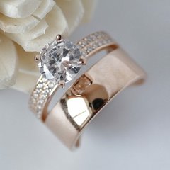 Серебряное кольцо двойное с позолотой и белыми фианитами разного размера