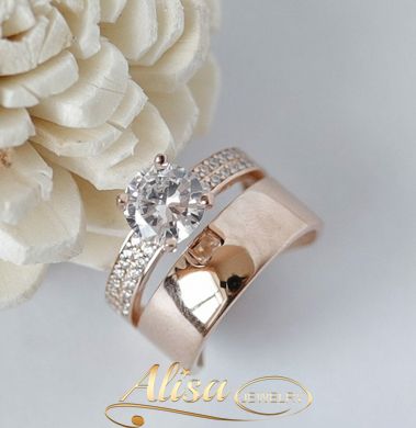 Серебряное кольцо двойное с позолотой и белыми фианитами разного размера