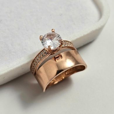 Серебряное кольцо двойное с позолотой и белыми фианитами разного размера