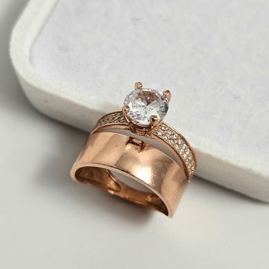Серебряное кольцо двойное с позолотой и белыми фианитами разного размера