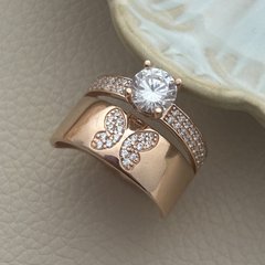 Серебряное кольцо с позолотой двойное с бабочкой и белыми фианитами разного размера