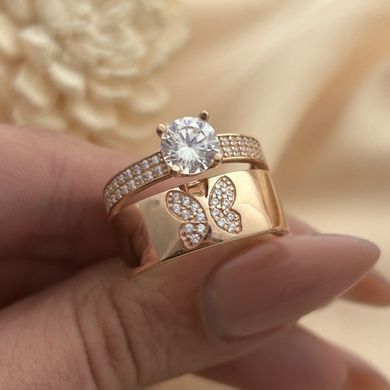 Серебряное кольцо с позолотой двойное с бабочкой и белыми фианитами разного размера