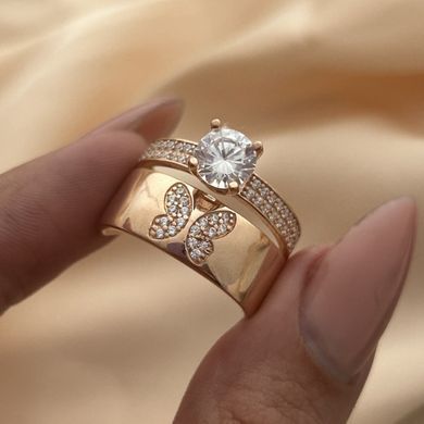 Серебряное кольцо с позолотой двойное с бабочкой и белыми фианитами разного размера