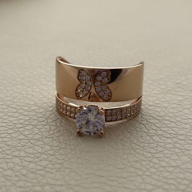 Серебряное кольцо с позолотой двойное с бабочкой и белыми фианитами разного размера