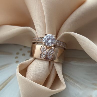 Серебряное кольцо с позолотой двойное с бабочкой и белыми фианитами разного размера