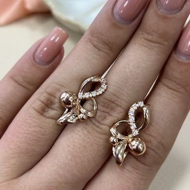 Серьги золотые с белыми круглыми фианитами и золотыми бусинами