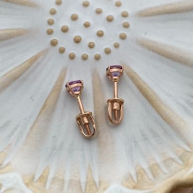Сережки вкрутки золоті з круглими бузковими аметистами