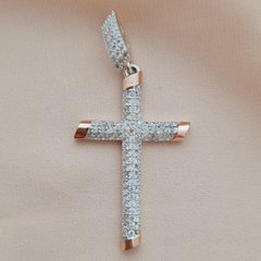 Крестик серебряный с золотыми напайками декоративный с россыпью цирконов