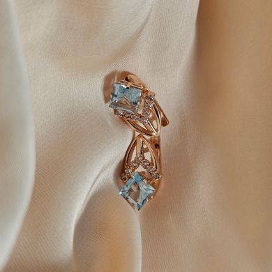 Золотые серьги с голубым топазом и фианитами