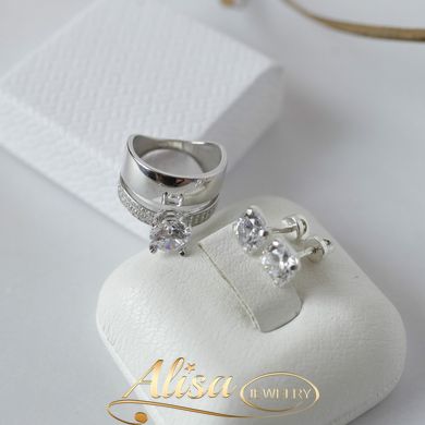 Комплект серебряный двойное кольцо и сережки пуссеты с крупными фианитами