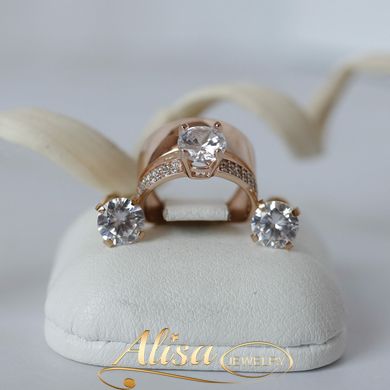 Комплект серебряный с позолотой двойное кольцо и сережки пуссеты с крупными фианитами