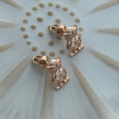 Серьги вкрутки золотые совы с белыми фианитами