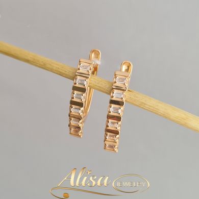 Сережки золоті жіночі напівкола з білими прямокутними фіанітами
