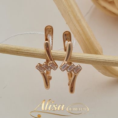 Золоті сережки жіночі гілочки з трьома прямокутними білими фіанітами