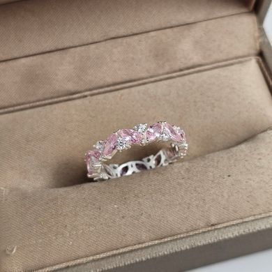 Серебряное кольцо женское с белыми и розовыми фианитами разной формы
