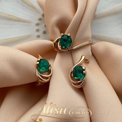 Комплект золотий каблучка та сережки з круглим зеленим турмаліном