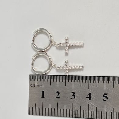 Серьги конго серебряные с подвесками крестиками и белыми круглыми фианитами