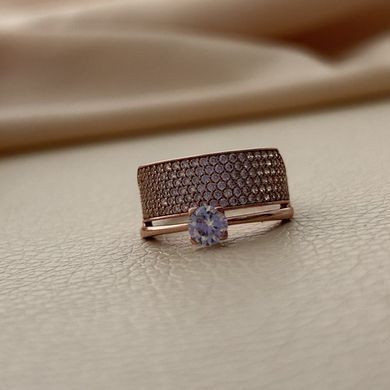 Кольцо позолоченное двойное с белыми круглыми фианитами разного размера