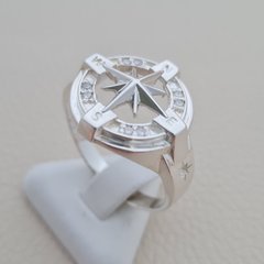 Перстень срібний Роза вітрів зі сторонами світу та фіанітами чоловічий