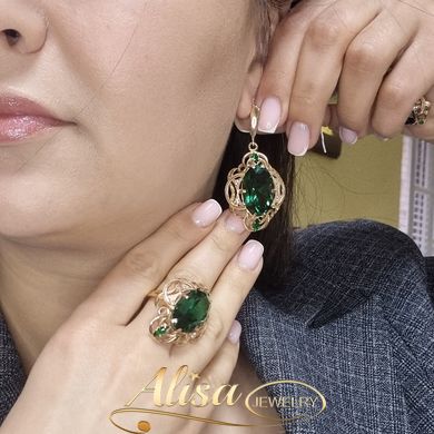 Комплект сережки и кольцо золото с натуральным зеленым кварцем и белыми фианитами