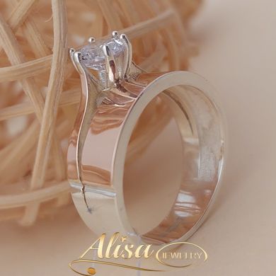 Серебряное кольцо с золотыми вставками двойное с белым фианитом посередине