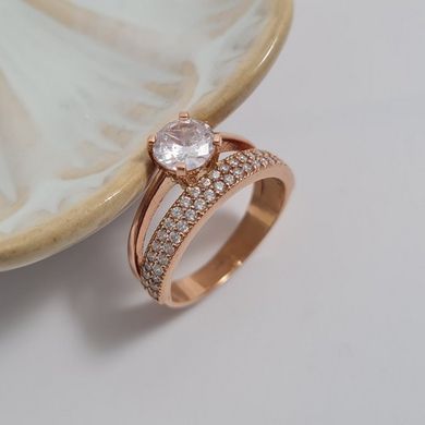 Кольцо серебряное с позолотой двойное с белыми фианитами разного размера
