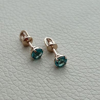 Серьги вкрутки золотые с круглым зеленым кварцем