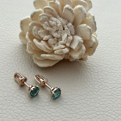 Серьги вкрутки золотые с круглым зеленым кварцем