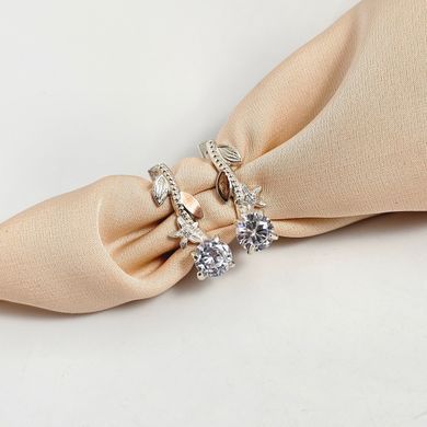 Серьги серебро с золотом женские с белыми цирконами веточки