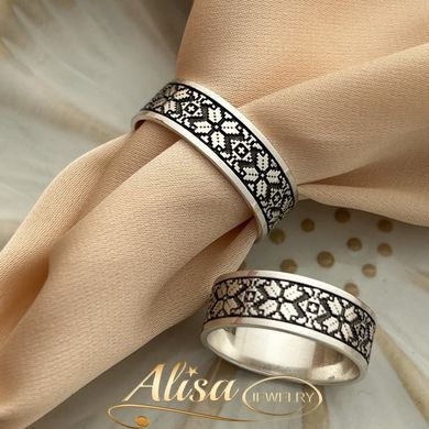 Обручальные кольца из серебра с орнаментом вышиванкой и чернением пара