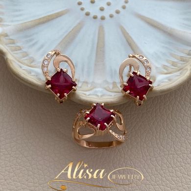 Комплект золотой кольцо и серьги с красными топазами и круглыми белыми фианитами