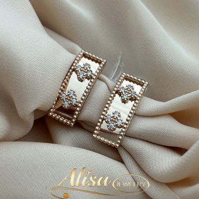 Сережки із золота Клевер з білими фіанітами в формі двох квіток