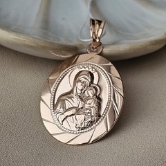 Ладанка золотая с Богородицей и Младенцем Иисусом объемная овал с орнаментом по краю