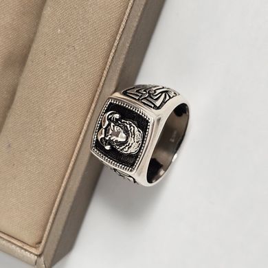 Печатка серебряная мужская Знак зодиака Овен массивная с черной эмалью